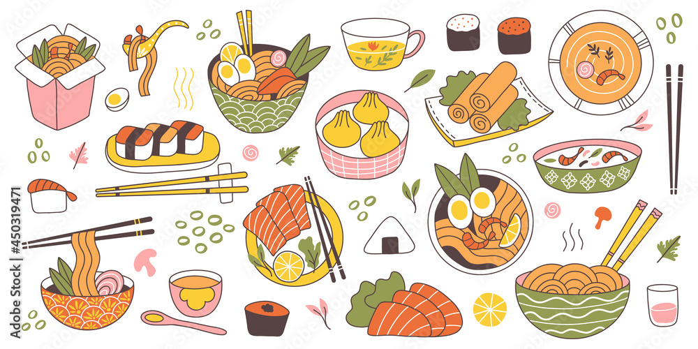 Doodle asian japanese cuisine traditional delicious food. Chinese, korean, japanese rice, noodles, fish and meat dishes vector illustration set. Oriental cuisine food