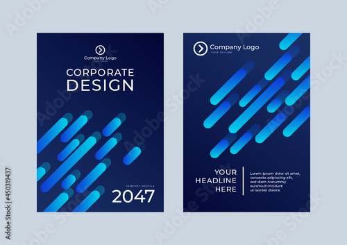 Brochure template layout, cover design annual report, magazine, flyer or booklet in A4 with blue dynamic diagonal rectangular geometric shapes on polygonal background. Vector blue background