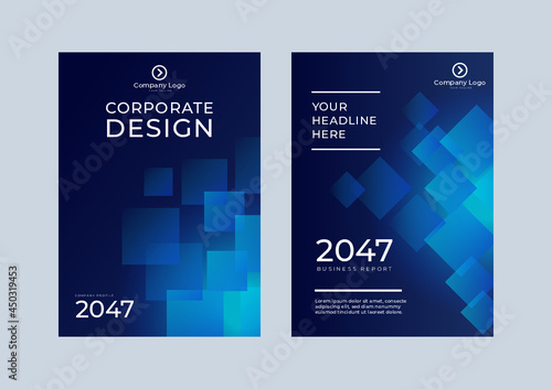 Brochure template layout, cover design annual report, magazine, flyer or booklet in A4 with blue dynamic diagonal rectangular geometric shapes on polygonal background. Vector blue background