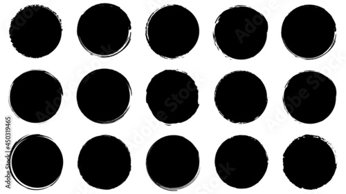 Dirty frames for design in grunge style. Ink brush strokes. Set of distress textures of round and organic shapes. Isolated backgrounds for design of text frames, posters, banners. Black, white. Vector
