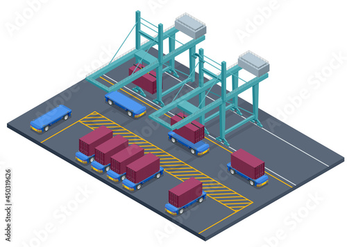 Isometric Automated Transport Vehicles Container Loading Cargo. Container Ship Loading and Unloading in Sea Port. Business Logistic Import and Export Freight Transportation by Container Ship