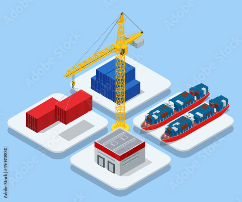 Isometric Automated Transport Vehicles Container Loading Cargo. Container Ship Loading and Unloading in Sea Port. Business Logistic Import and Export Freight Transportation by Container Ship