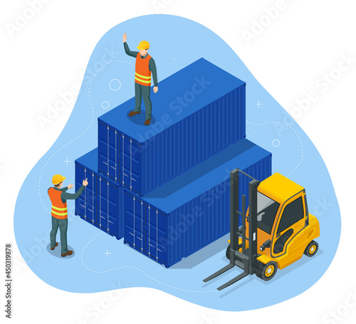 Isometric Automated Transport Vehicles Container Loading Cargo. Container Ship Loading and Unloading in Sea Port. Business Logistic Import and Export Freight Transportation by Container Ship