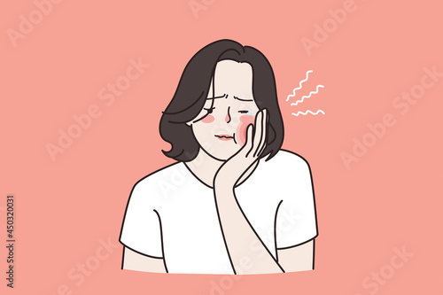 Toothache and problems with teeth concept. Young sad unhappy woman holding cheek due to toothache having expression of pain in swollen cheeks vector illustration