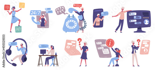 Personal assistant, call center customer support network services. Customer online technical support service, online hotline assistant vector illustration set