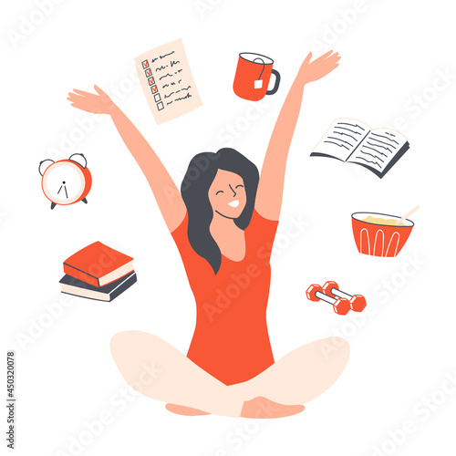 Happy woman stretching and planning her day - reading, exercising, healthy breakfast. Morning routine and daily schedule. Flat vector illustration