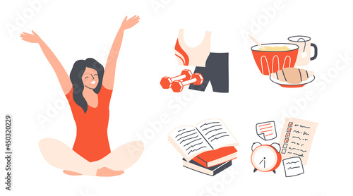 Happy woman stretching and planning her day - reading, exercising, healthy breakfast. Morning routine and daily schedule. Flat vector illustration