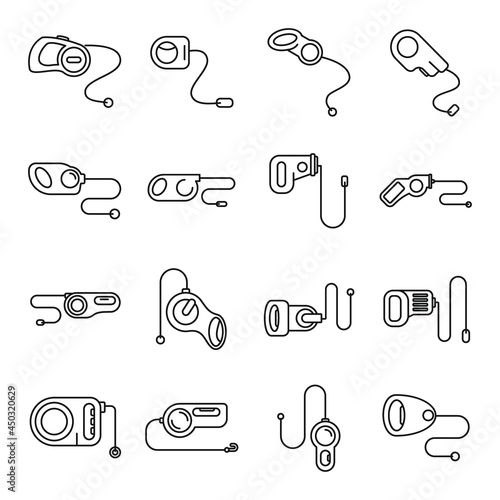Retractable dog leash icons set outline vector. Animal leather