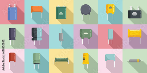 Capacitor icons set flat vector. Polyester ceramic capacitor