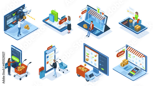 Isometric mobile e-commerce online shopping concept. People make purchases use mobile apps and payment systems vector illustration set. Mobile shopping orders