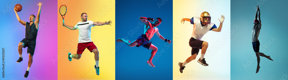 Collage of different professional sportsmen, fit people in action and motion isolated on color background in neon light. Flyer.