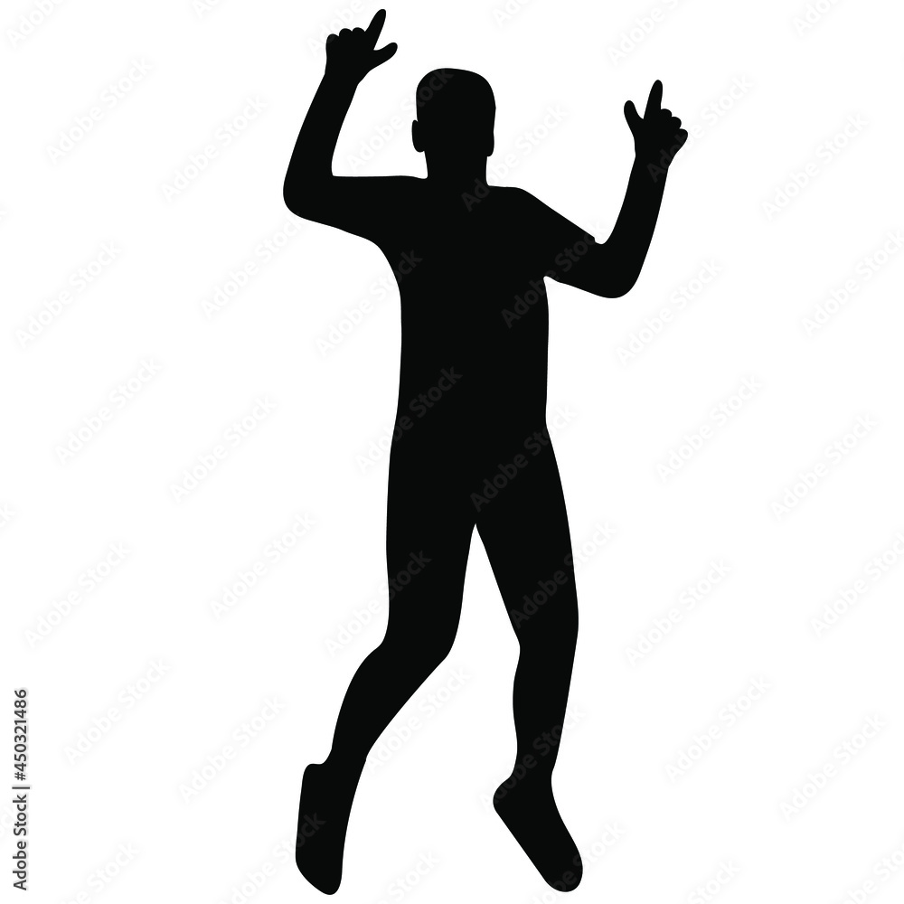 Silhouette of a man, a boy of black color in a jump with his hands up. Flat style. Vector image isolated.