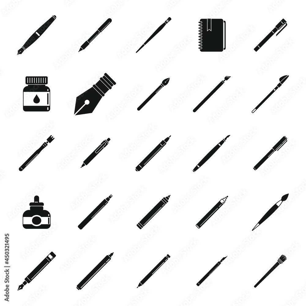 Calligraphy tools icons set simple vector. Paint nib Calligraphy tools icons set simple vector. Paint nib