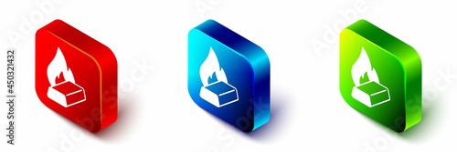 Isometric Molten gold being poured icon isolated on white background. Molten metal poured from ladle. Red, blue and green square button. Vector