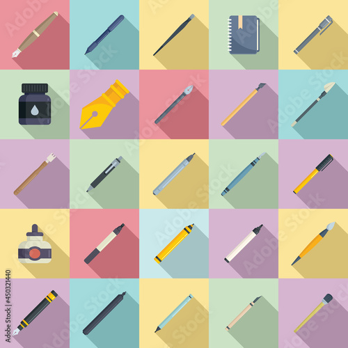 Calligraphy tools icons set flat vector. Paint nib