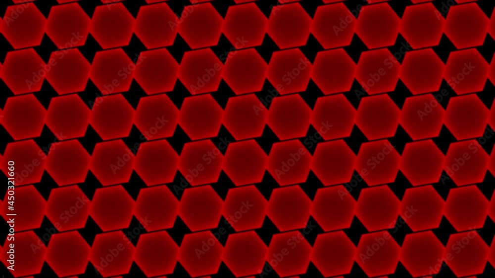 Rows of red hexagons with inner glow and texture rotating slowly on a black background. Seamless loop. Rows of red hexagons with inner glow and texture rotating slowly on a black background. Seamless loop.