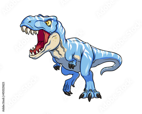 Blue velociraptor raptor t rex dinosaur dino cool t-rex style 2D chibi illustration for sport logo, tshirt design, printing and esport team mascot.