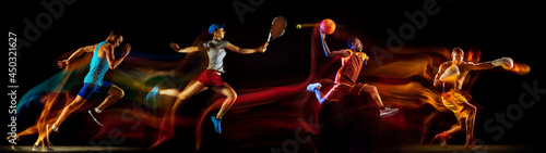 Development of motions of different kinds of sport games. Young men in action isolated over dark background in neon mix colored light.