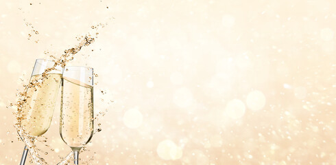 Glasses with sparkling wine and splashes on light background, space for text. Banner design