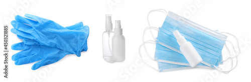 Medical gloves, antiseptic and protective face masks on white background, collage. Banner design