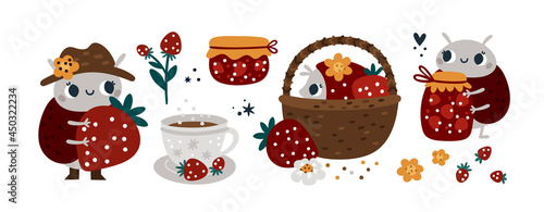 Cute bugs collection with fruits. Bug in garden collects strawberries. Funny firefly, ladybug. Childish vector cartoon character for children. For print, card, clothing, room decoration, nursery print