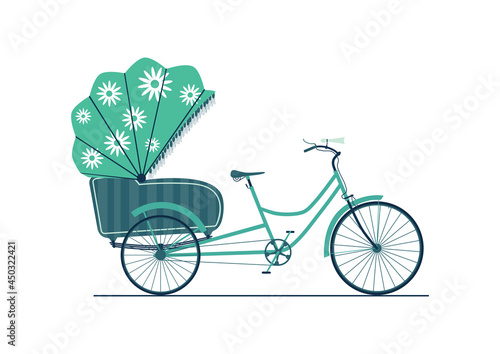 Traditional bicycle rickshaw. Side view. Simplified flat vector with limited colour.