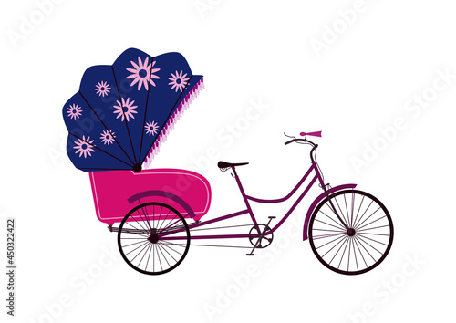 Traditional bicycle rickshaw. Side view. Simplified flat vector with limited colour.