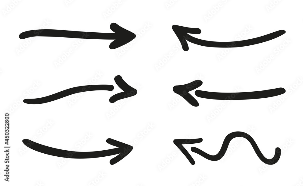 Hand drawn simple black arrow. Line art. Set of different arrows. Abstract indicators. Black and white illustration Hand drawn simple black arrow. Line art. Set of different arrows. Abstract indicators. Black and white illustration