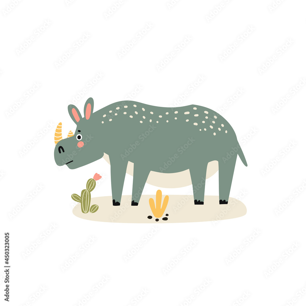 vector illustration of hand-drawn cartoon character animal rhinoceros, Abstract doodle elements isolated on white.
Cute safari animal