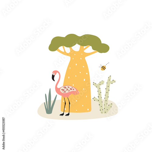 vector illustration of hand-drawn cartoon character bird pink flamingo on wood background, Abstract doodle elements isolated on white.