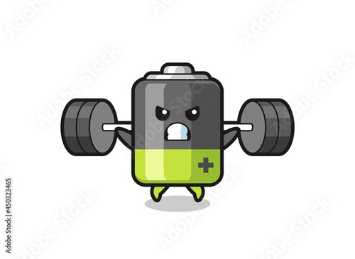 battery mascot cartoon with a barbell