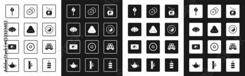 Set Chinese drum, Sushi, Lotus flower, Yin Yang, Yuan currency, on cutting board and and envelope icon. Vector