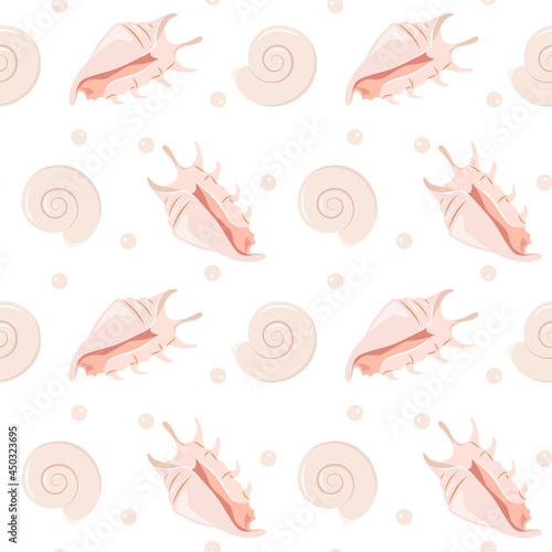 Seamless pattern of seashells in trendy gentle pastel pink colors. Vector illustration.