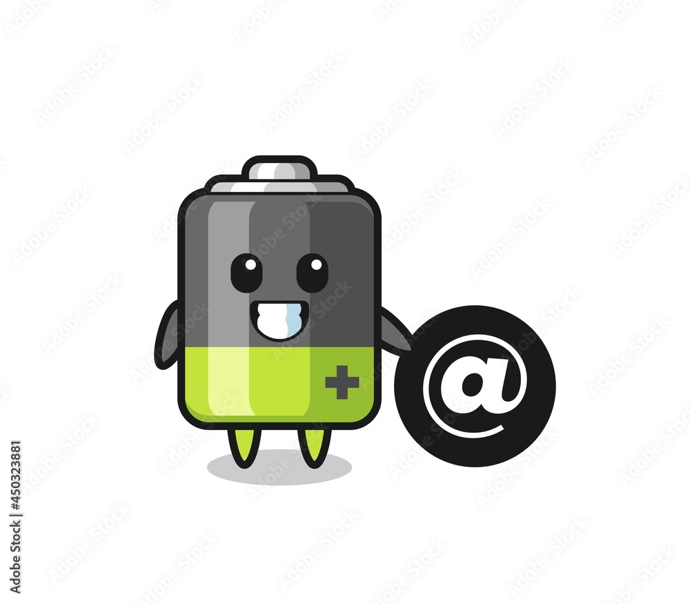 Cartoon Illustration of battery standing beside the At symbol Cartoon Illustration of battery standing beside the At symbol