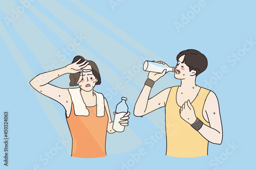 Drinking water and hot summer concept. Young sweating man and woman in sportswear standing drinking water in very hot summer days after doing sport workout vector illustration 