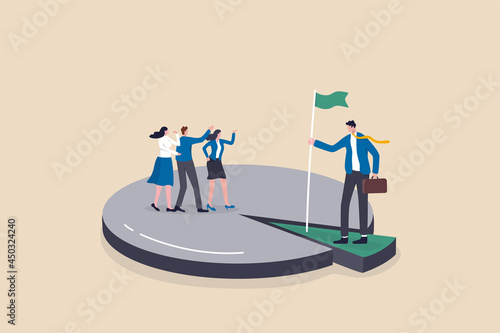 Niche market, small focused group of consumer or audience, unique or specific group of customers concept, businessman standing on small area of pie chart metaphor of niche market segment. photo