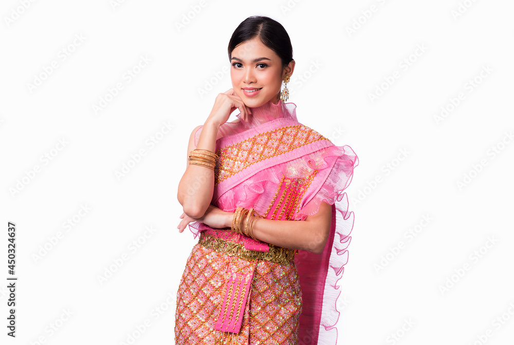 Portrait of an Asian woman wearing a beautiful Thai dress on a white background. Preserving Thai people Portrait of an Asian woman wearing a beautiful Thai dress on a white background. Preserving Thai people
