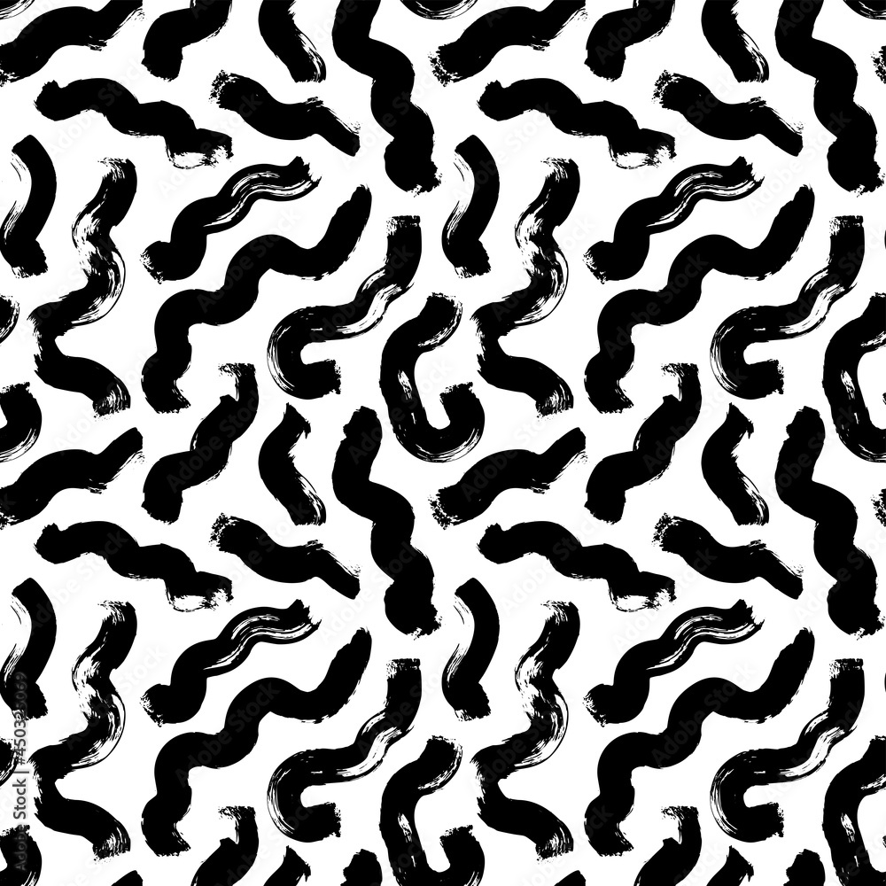 Hand drawn wavy and swirled brush strokes. Monochrome vector seamless pattern. Black paint doodle scribbles, curled lines, swooshes and flourishes. Abstract ink background, wallpaper design, textile