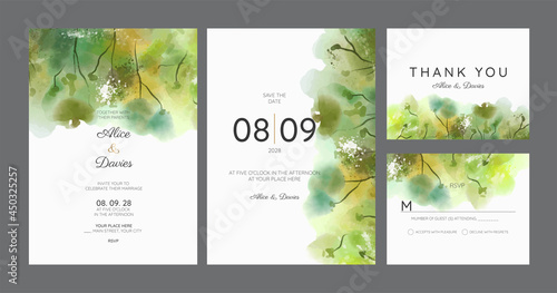 Blue watercolor wedding invitation card template set with gold glitter and line decoration. Abstract background save the date, invitation, greeting card, multi-purpose vector
