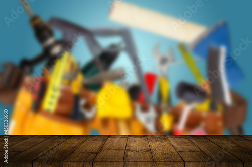 Wallpaper Mural Light brown Wooden board empty table on front with Blurry layout tools of technician about wrench on white wooden board. Repair equipment and many handy tools. Repair tool kit in garage. copy space. Torontodigital.ca