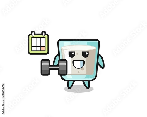 milk mascot cartoon doing fitness with dumbbell