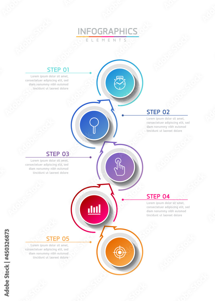 Vector illustration, infographics design, template, marketing, information, with 5 options or steps Vector illustration, infographics design, template, marketing, information, with 5 options or steps