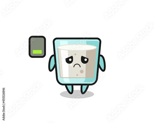 milk mascot character doing a tired gesture