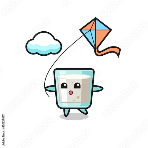 milk mascot illustration is playing kite