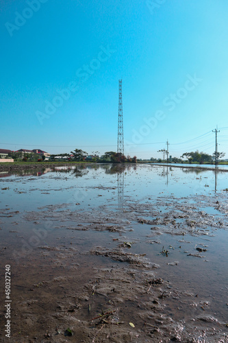  communication tower. Telco Trellis for 3G 4G 5G Apocalypse Internet Communication, mobile, FM Radio and Television Broadcasting On Air with Blue Sky in Background" 