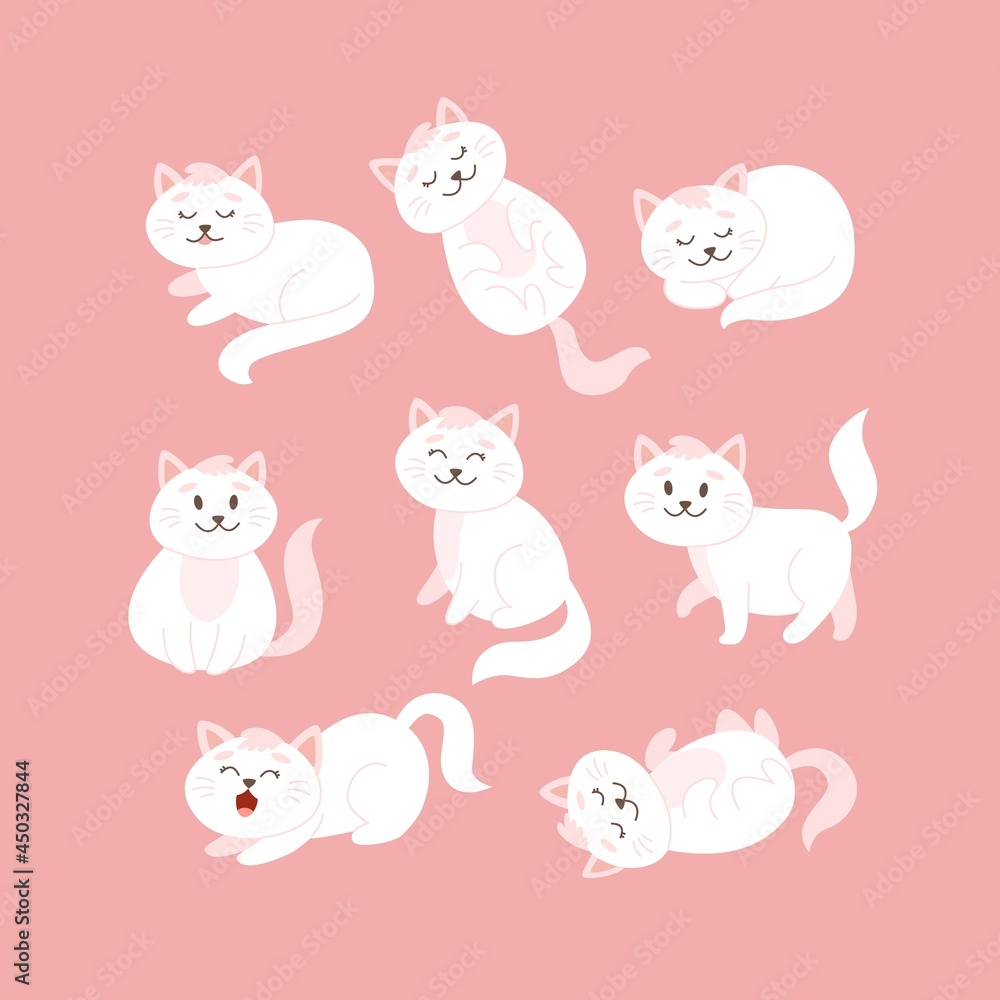 Cat set in different poses. Cute white cat character in cartoon style, vector illustration