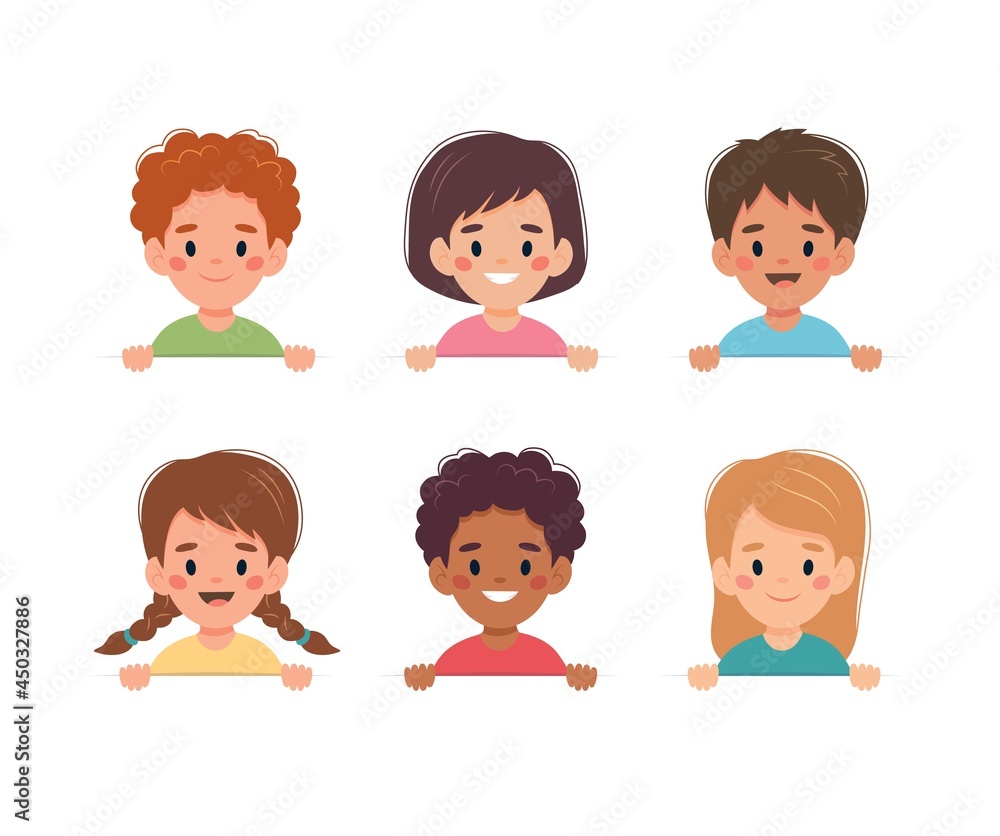 Children set, little boys and girls of different nationalities holding a white banner. Vector illustration in cartoon style