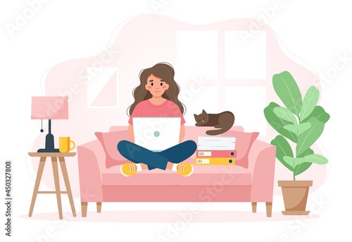 Home office concept, woman on a sofa working, student or freelancer. Cute vector illustration in flat style