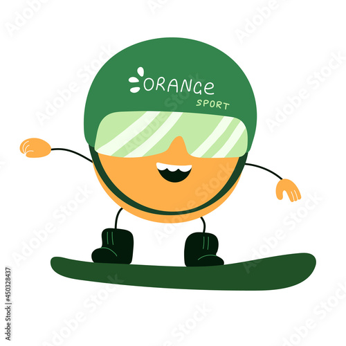 Snowboarding tangerine cartoon character isolated on white background. Vector hand drawn clip art.