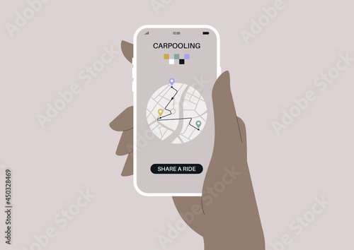 Carpooling service app, a hand holding a mobile phone with a taxi application interface on it, modern lifestyle and technologies